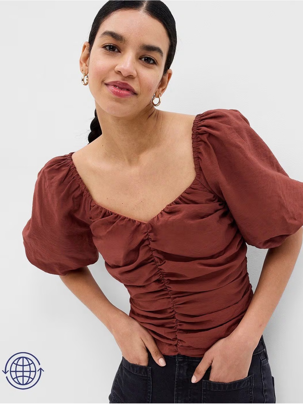 Gap Puff-Sleeve Ruched Top in Rust Brown